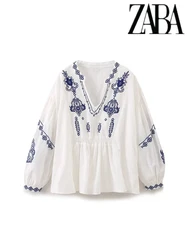 TRAF Women's Ethnic Style Embroidery Literature Long Sleeve Shirt Vintage Temperament V-Neck Women's Fashion Loose Peplum Shirt