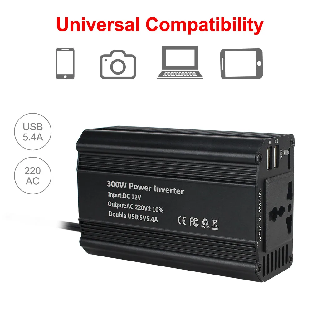 Car Inverter with 5.4A Dual USB for Mobile Phone Laptop Tablet Charger 300W Power Inverter 600W Peak Power DC 12V to AC 220V