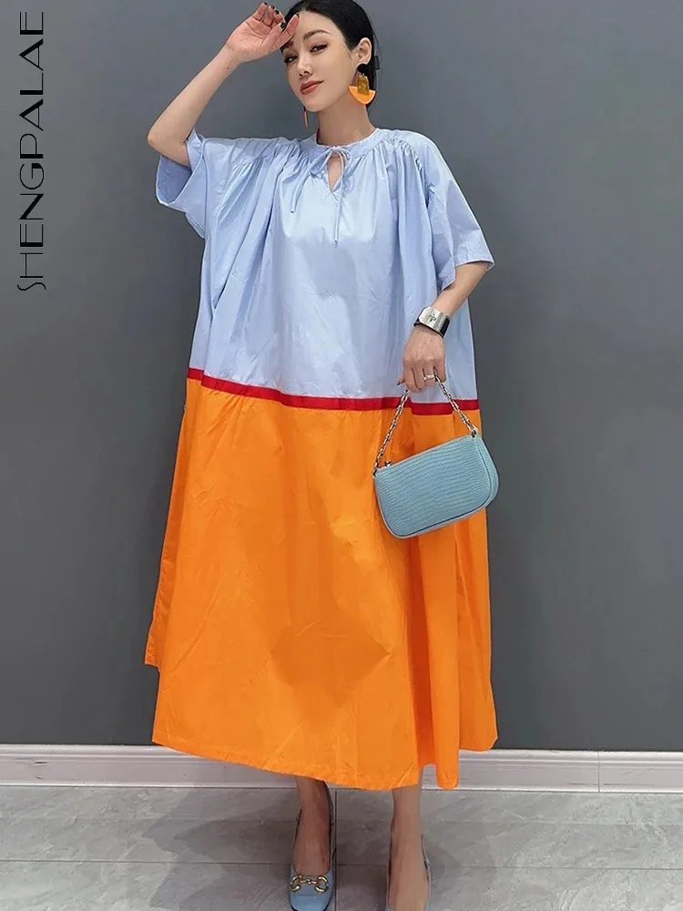 SHENGPALAE 2024 Summer New Women\'s Dress Splicing Short Sleeve Casual Fashion Loose Elegant Versatile Robe Y2k Clothes 5R9925