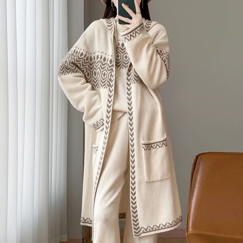 

100% Merino Wool Hooded Cardigan Overcoat Women Long Sweater New Style Autumn Winter Thick Warm Casual Loose Knitwear Coat Tops