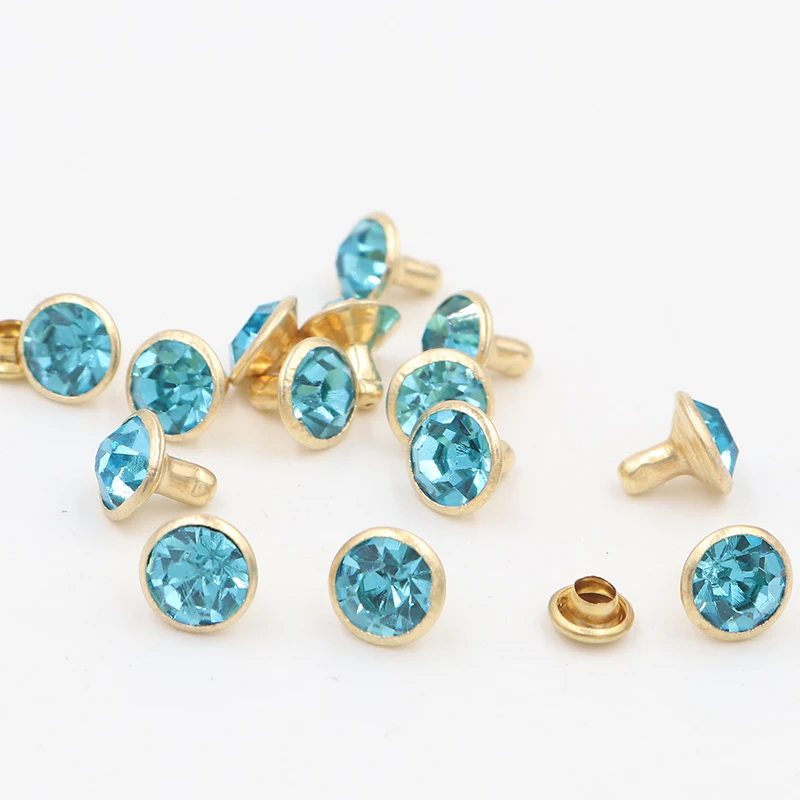 100Sets 8mm Aquamarine Crystal Rhinestone Rivets Golden Metal Base Studs For Clothing Bag Leathercraft Rivet