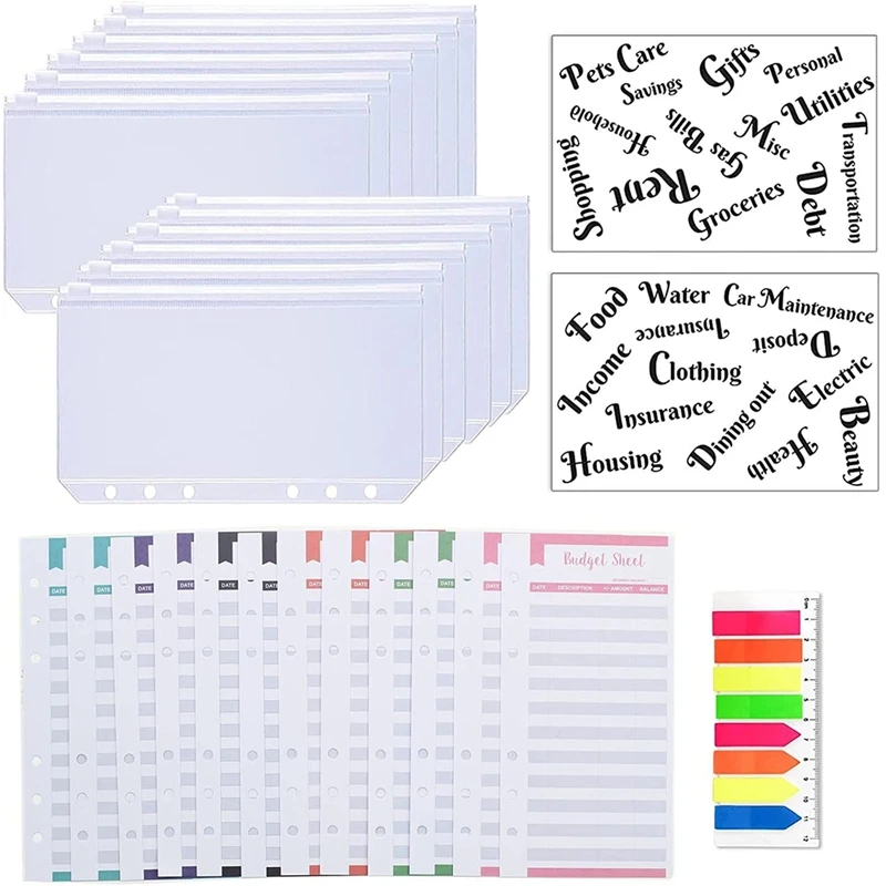 27 Pack A6 Pocket Binder Sets A6 Binder Zipper Pockets Expense Budget Sheets Cash Envelope Labels Stickers Neon Page