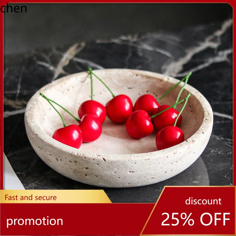 

H1 Wabi-sabi style round fruit tray decoration for sales offices and homes, imitation yellow travertine tray ornament