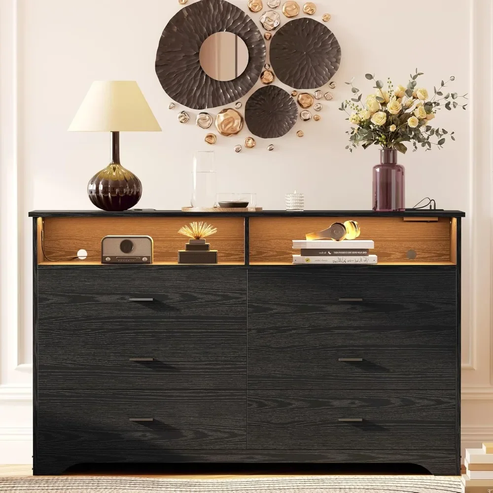 

6 Drawer 59" Dresser with LED and Power Strip, Dressers & Chests of Drawers with Storage Cabinet for Bedroom