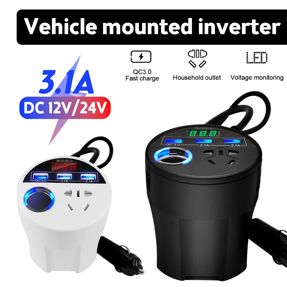 150W Car Power Inverter 12V 24V to 220V Converter 3 USB Ports QC3.0 Fast Charger Multi-function Charger Socket with Switch