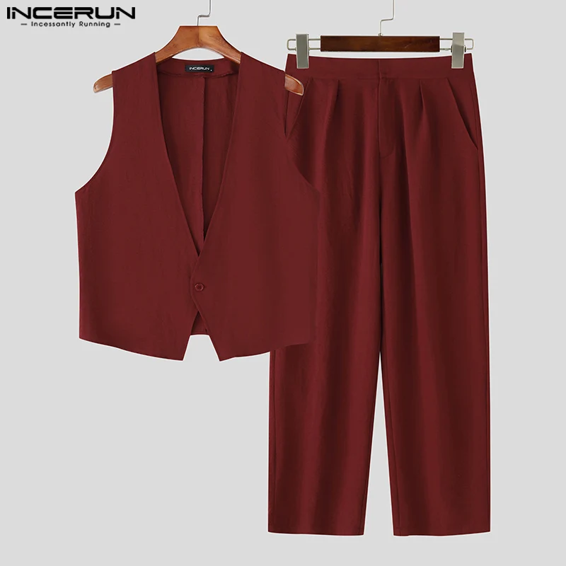 

INCERUN Men Sets Solid Color V Neck Sleeveless Vests & Pants Two Pieces Sets Streetwear 2025 Loose Fashion Men's Casual Suits