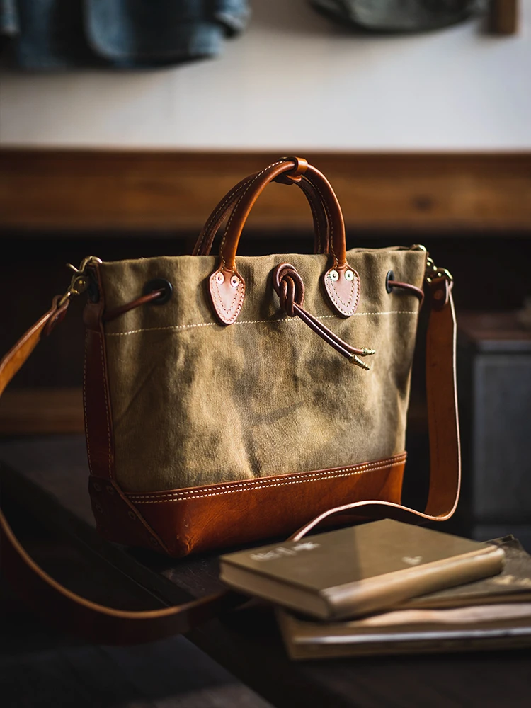 casual outdoor daily travel vintage high-quality heavy canvas cow leather men's handbags american tote shoulder crossbody bag