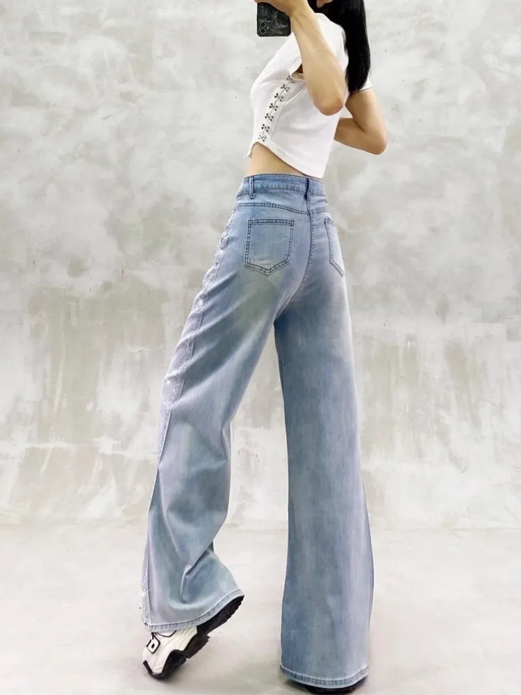 Ladies Shiny Diamond Design Micro Flared Jeans High Waist Loose Wide Leg Casual Denim Trousers Female Fashion Streetwear Pants