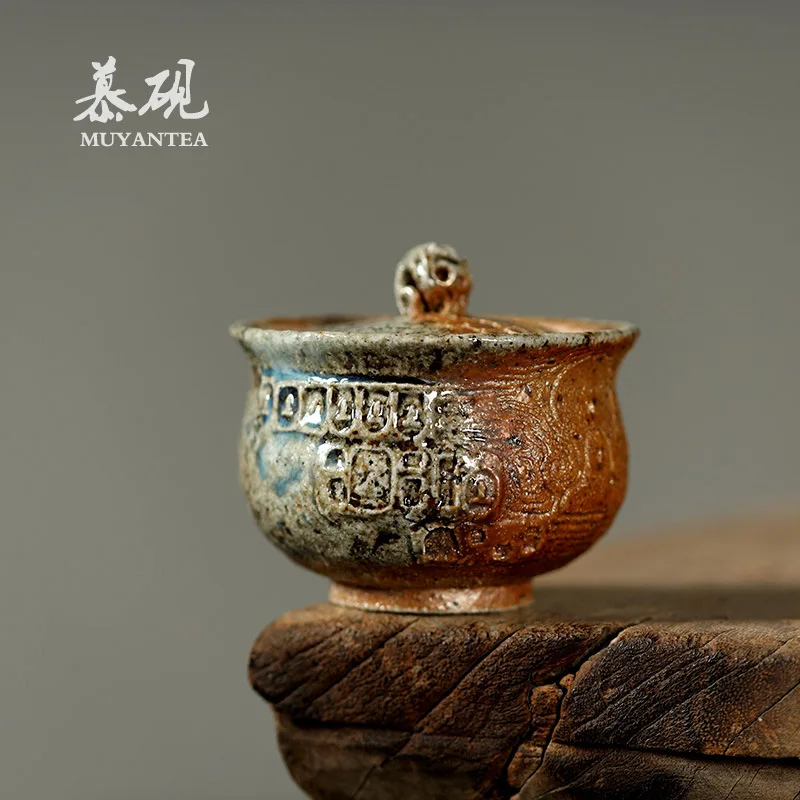 

Mu Yan Handmade Pure Wood-Fired Cup, Handcrafted Creative Gaiwan With Natural Ash Glaze And Fire Marks For Brewing Tea