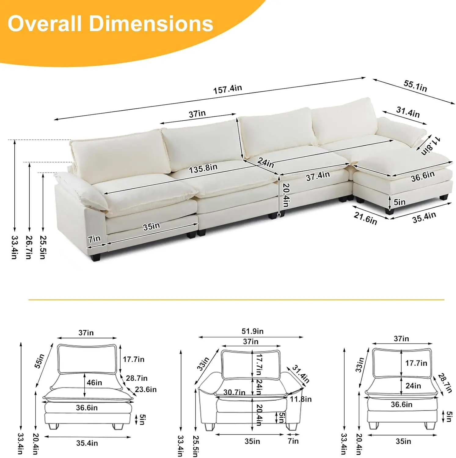 Sectional Sofa Modular Deep 4-Seat Sofa Couch with Chenille Sofa Sleeper Comfy Upholstered Furniture for Living Room Beige