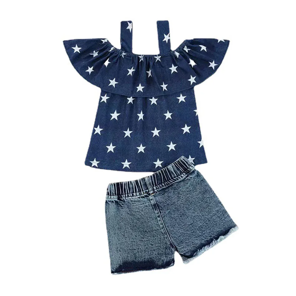 Girls Denim Children Set American Flag Shorts with Cowboy Strap Top Trendy 2Pcs Outfit for Summer Celebrations Independence Day