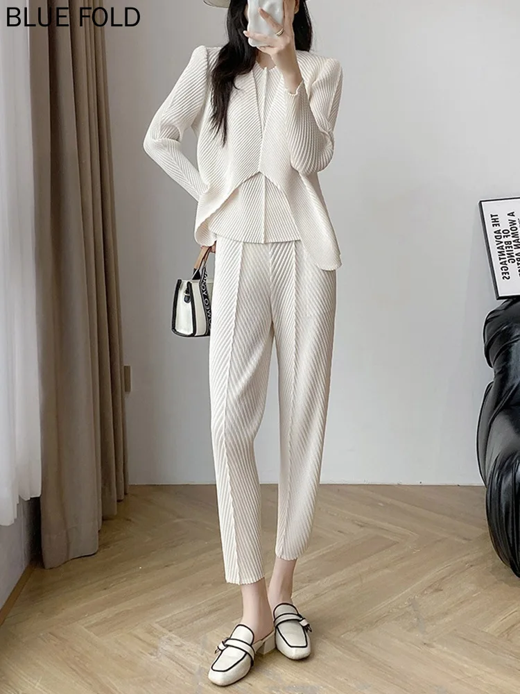 미야케 통근 기질 3피스 여성 고급 플리츠 패션 고급 바지 정장