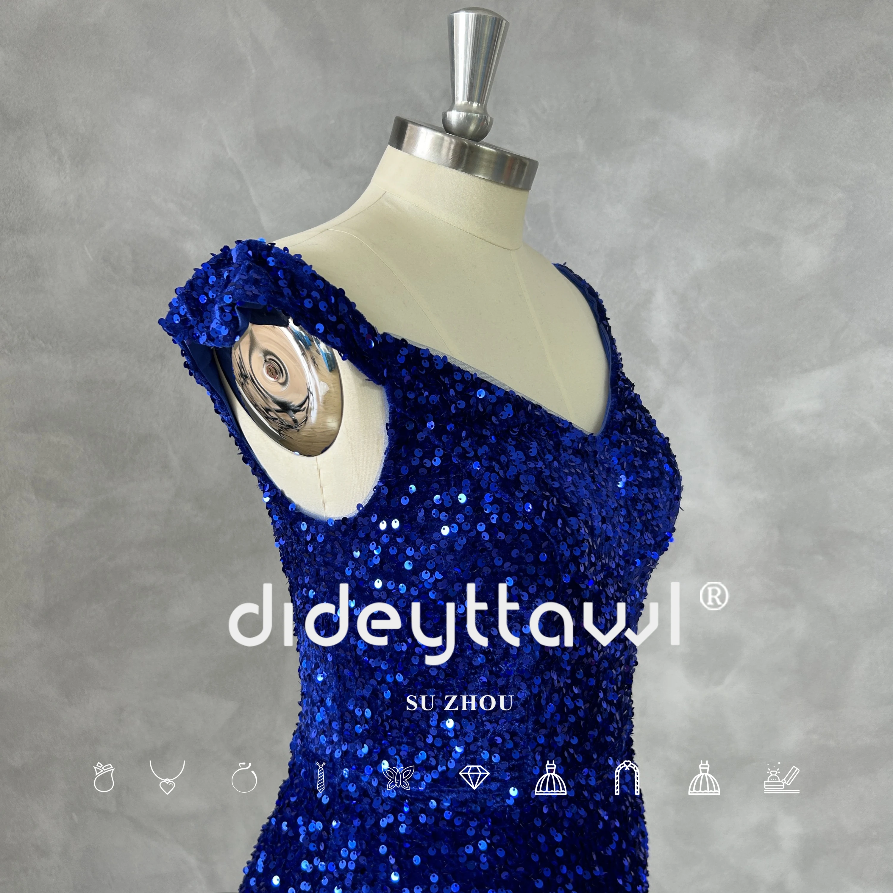 DIDEYTTAWL-vestido de noche azul Real con cuello en V y lentejuelas brillantes, vestido de sirena Sexy para graduación, abertura alta, sin mangas, con cordones