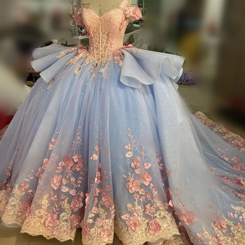 

Charming Sky Blue Princess 15th Girl Quinceanera Dresses 3D Flower Applique Ballgown Prom Birthday Party Occasion 2025Customized
