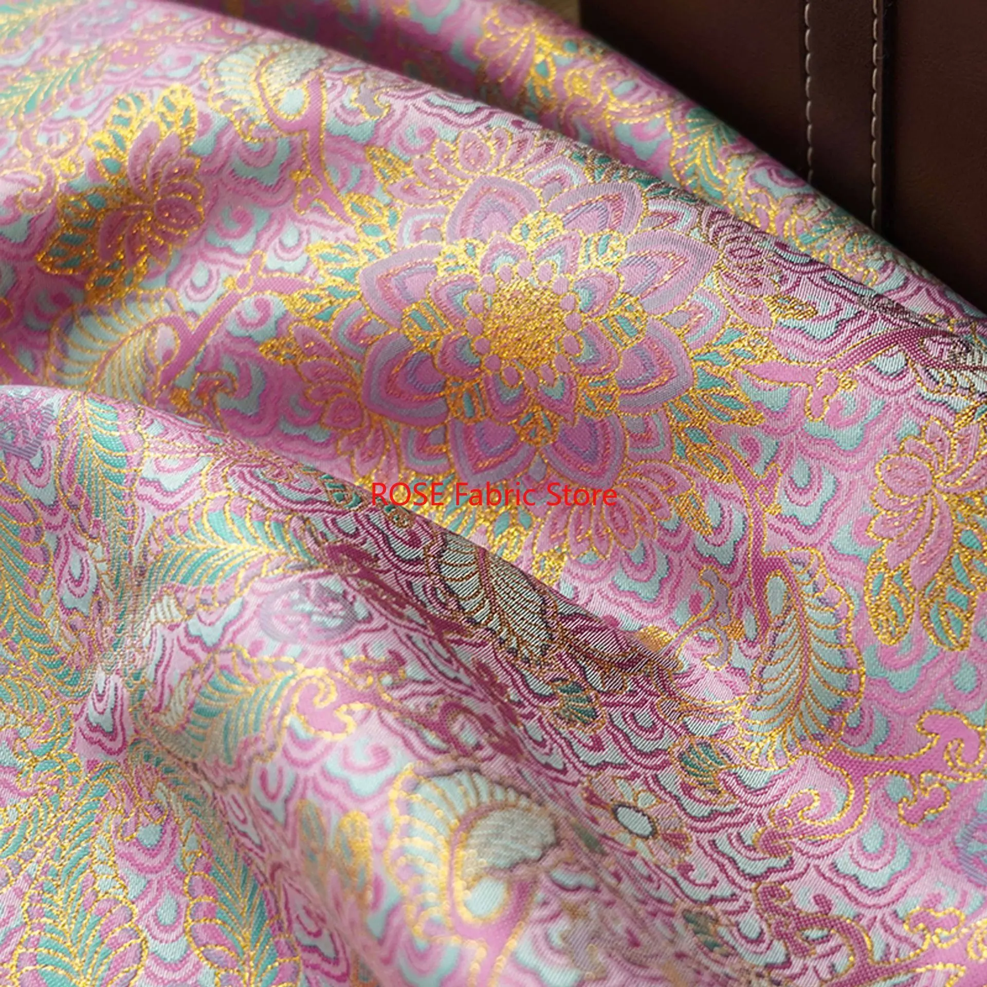 

1 Meter Ethnic Style Pink Gold Flower Jacquard Fabric Exquisite Women's Dress Cheongsam Vest Decorative Sewing Fabric