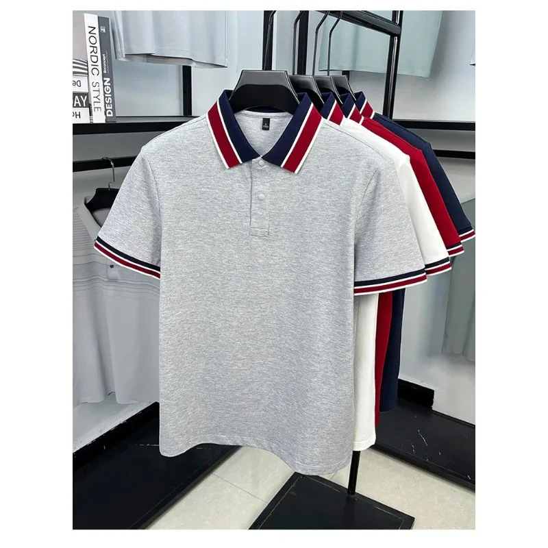 Men s Polo Shirts Cotton Spandex Blend Contrast Rib Collar Snap Button Fashion Short Sleeve T shirt
