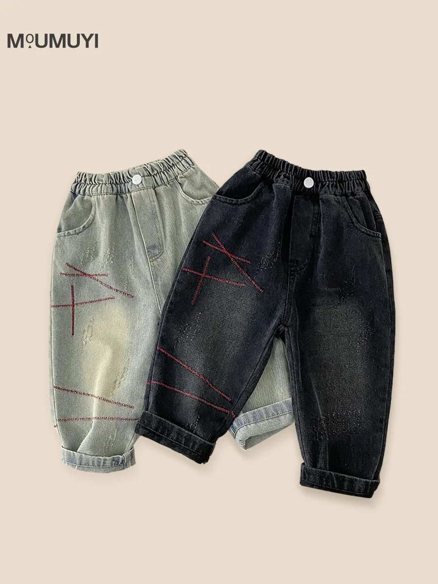

YBFSKID 1-8Y Kids Boys Jeans Printed Toddler Boys Elastic Waist Denim Pants Versatile Handsome Little Boys Straight Pant Clothes