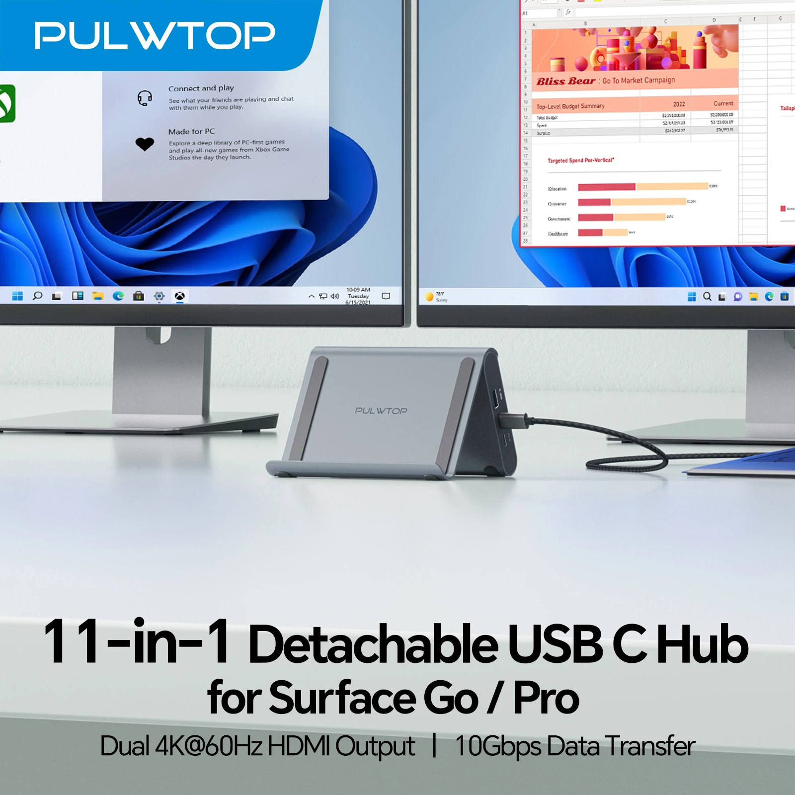 Base de Conexión USB C para Dos Monitores, Base para Laptop PULWTOP para Windows con 2xHDMI 4K, 3xUSB-C/A PD para Surface Pro11/10/9/8/Dell/HP
