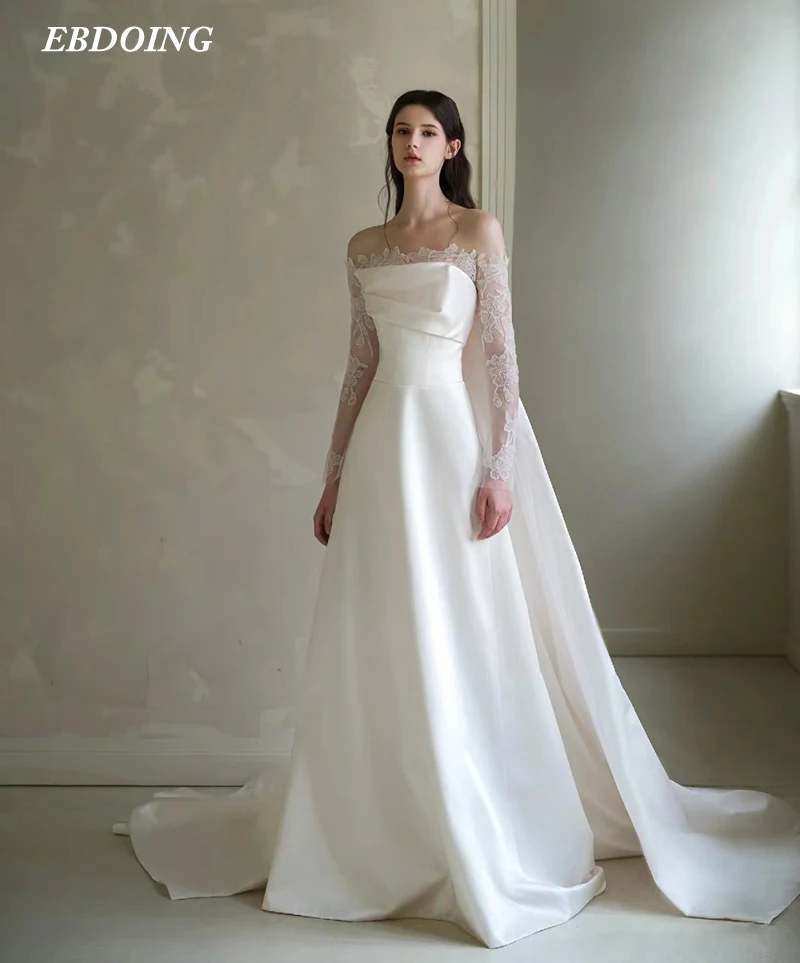 Vestido De novia acampanado De satén con cuello barco y mangas De encaje desmontables, hombros descubiertos, novedad De 2024