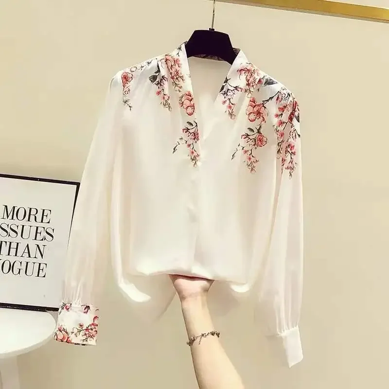 Spring Summer New Simulated Silk Women Shirt Fashion Printed V-neck Long Sleeved Female Blouse