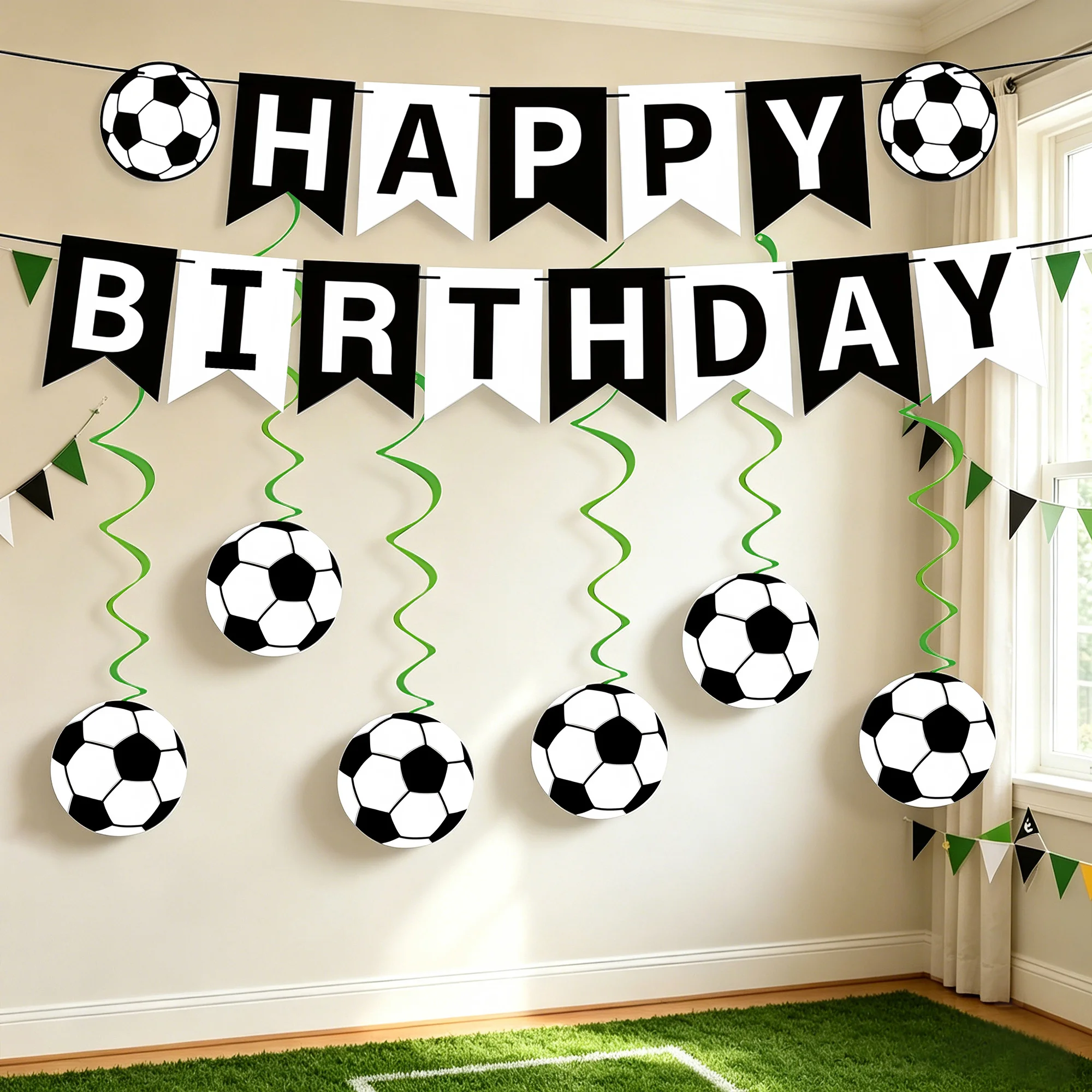 Lot de 2 ou 1 ensemble de bannières Joyeux Anniversaire sur le thème du football, décorations de fête d'anniversaire, décoration suspendue en spirale avec ballon de football noir et blanc