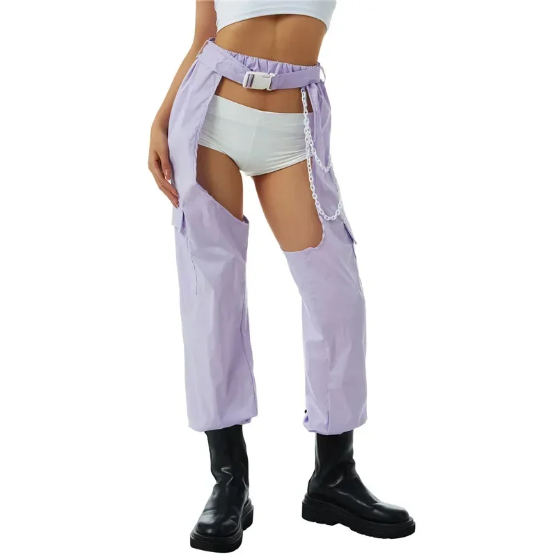 Pantaloni lunghi da donna con apertura sul cavallo pantaloni neri solidi a vita alta senza cavallo con cintura a catena Lady Sexy Night Club cavallo pantaloni MYQH05