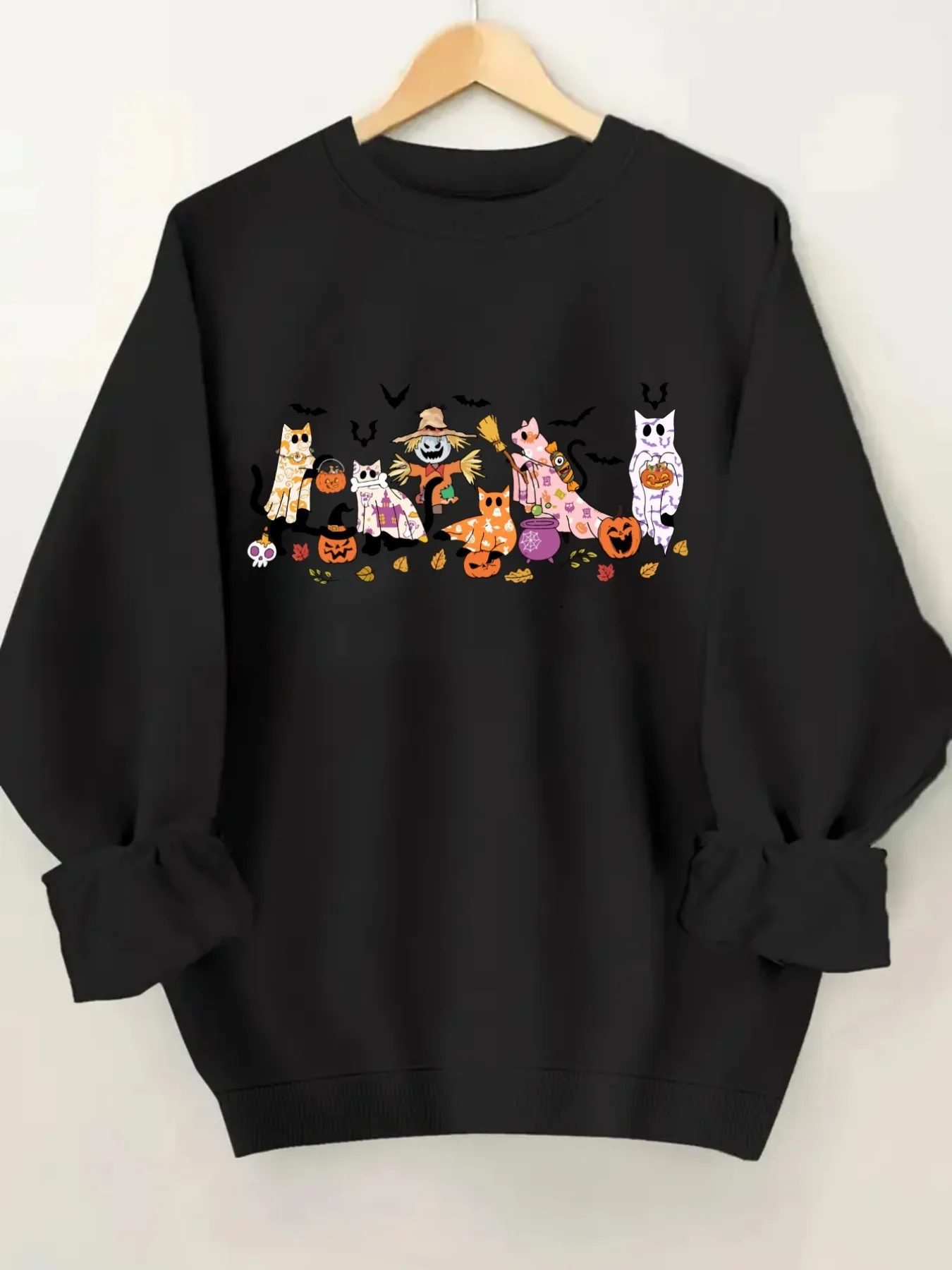 Women's Crewneck Pullover Sweatshirt Halloween Cat Print Design, Soft Casual Long Sleeve, Daily Casual Top Outfit, Winter Women's Clothing, Halloween Costume Outfit