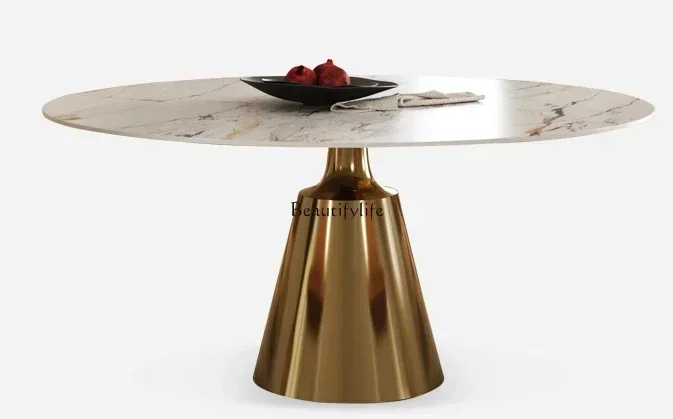 

44High-end rock slab dining table with turntable light luxury modern round table