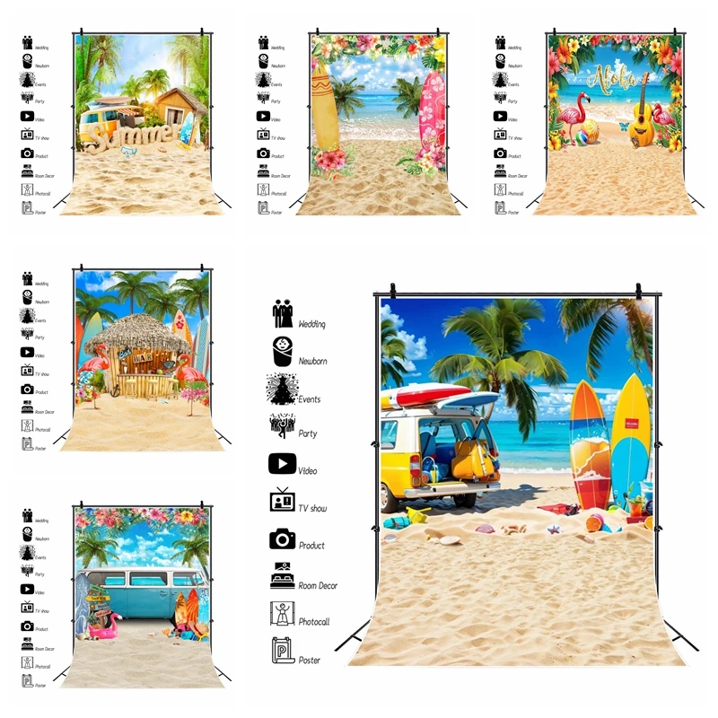 Summer Hawaii Beach Photography Backdrop Tropical Flowers Aloha Flamingo Surfboard Seaside Birthday Holiday Party Backgrounds