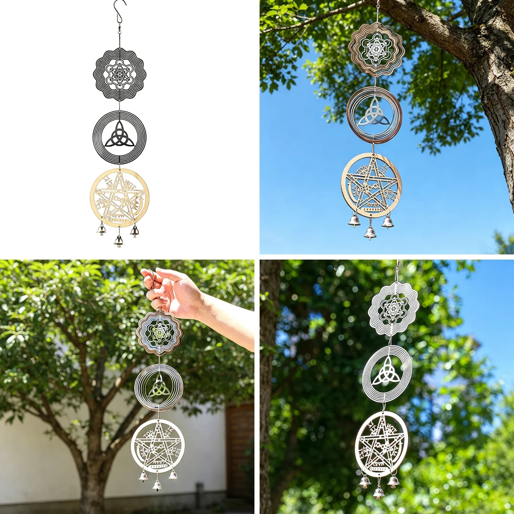 Vintage Mystical Celtic Knot Stainless Steel Wind Spinner Wooden Wind Chime with Bells for Outdoor
