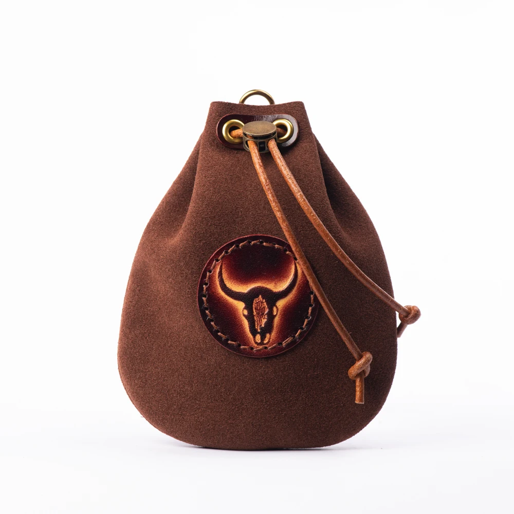 Vintage Bull Horn Embossed Leather Pouch Handmade Wallet Earphone Waist Bag Portable Daily Storage Accessory Halloween Gift