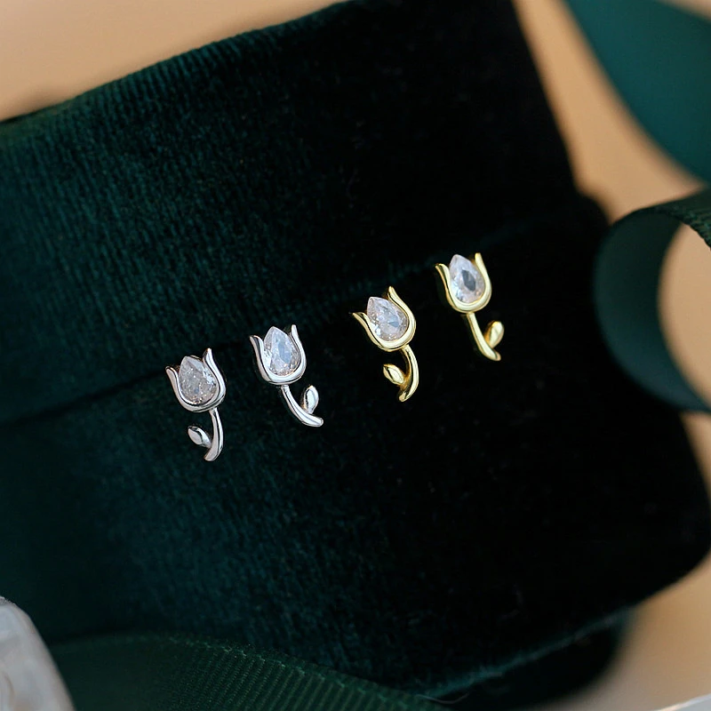 925 Sterling Silver Flower Tulip Stud Earrings for Girls Sporty Mini Zircon Plant Earring Lady Engagement Piercing Jewelry Gift