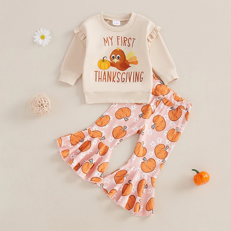Toddler Girl Thanksgiving Outfits Letter Turkey Print Crew Neck Long Sleeve Sweatshirts Flare Pants 2Pcs Clothes Set image 2