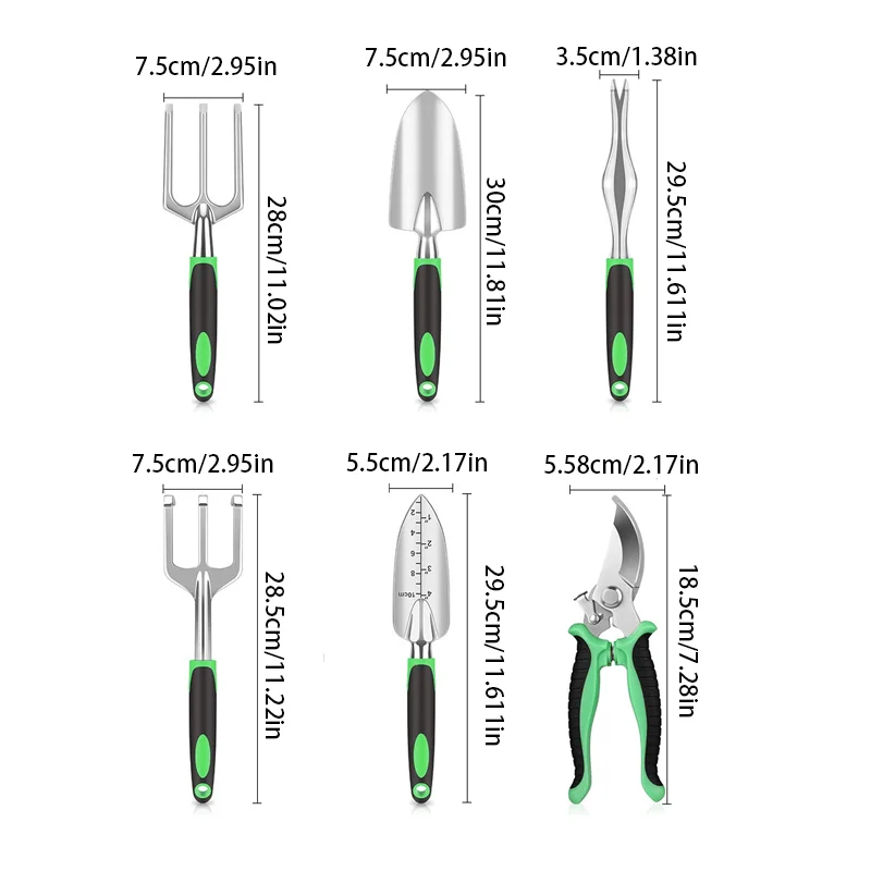 6pc Garden Tool Set: 3-prong & wide shovels, root extractor, 3-tine rake, graduated shovel, pruning shears for planting/trimming