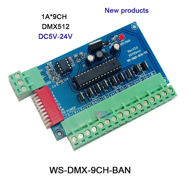 

5V 12V 24V 9CH DMX512 Decoder 9 Channels DMX Controller Board 9CH*3A LED Strip Light Tape Lamp Module Dimmer WS-DMX-9CH-BAN