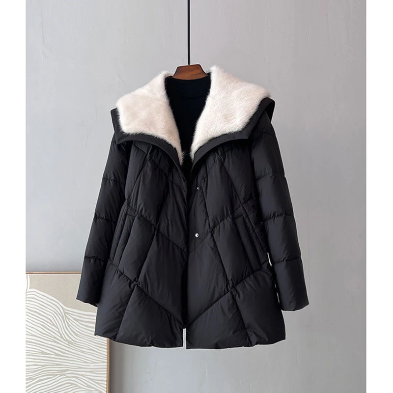 Women's Black Down Coat With Belt Fur Grass Down Coat Woolen Collar Winter Thickened Insulation Fashion White Duck Down Coat