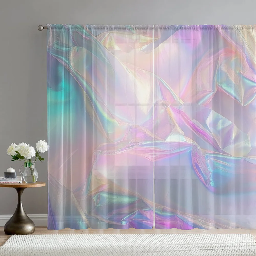 Iridescent Holographic Rainbow Curtains Sheer Abstract Gradient Panels Window Treatment for Living Room Bedroom Home Decor