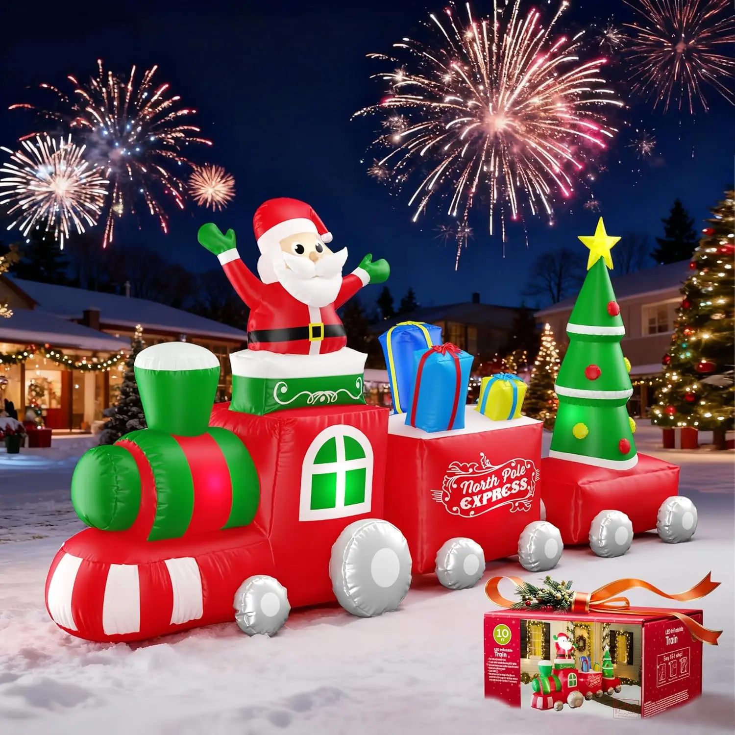 Christmas Inflatable Train Decoration 10FT with Santa Claus Gift Boxes Christmas Trees Built-in Lights Yard Decor for 2026