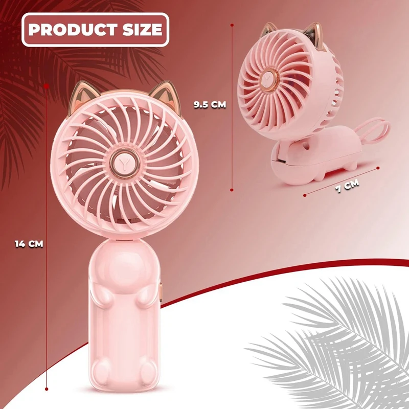 Miniventilador plegable con orejas de gato, ventilador pequeño con batería recargable por USB, color rosa, 1 unidad