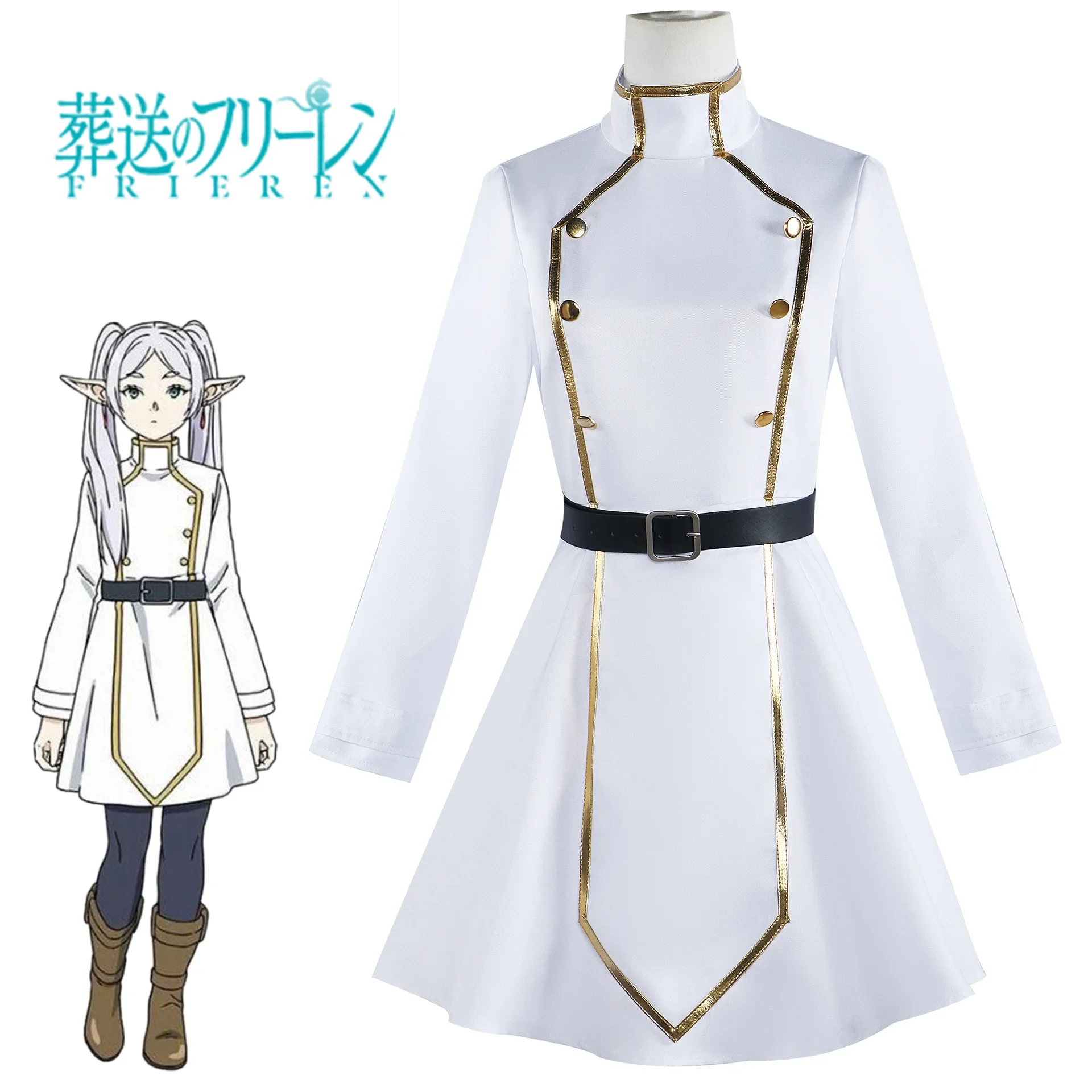 Sousou No Frieren Cosplay Costume White Dress Unform with Ears Earrings  Gold side shawl skir For Woman Halloween