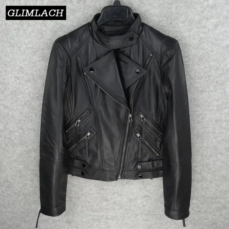 Genuine New Brand Luxury Leather Jacket Women Black Fashion Slim Motorcycle Biker Sheepskin Real Leather Short Coats Female