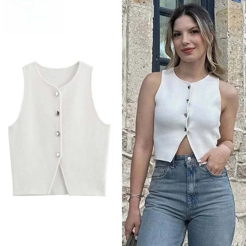 

TR White Knit Crop Top Women Button ort Tops Woman 2024 Spring Season Other Material 00% Ladies Faion T-irt