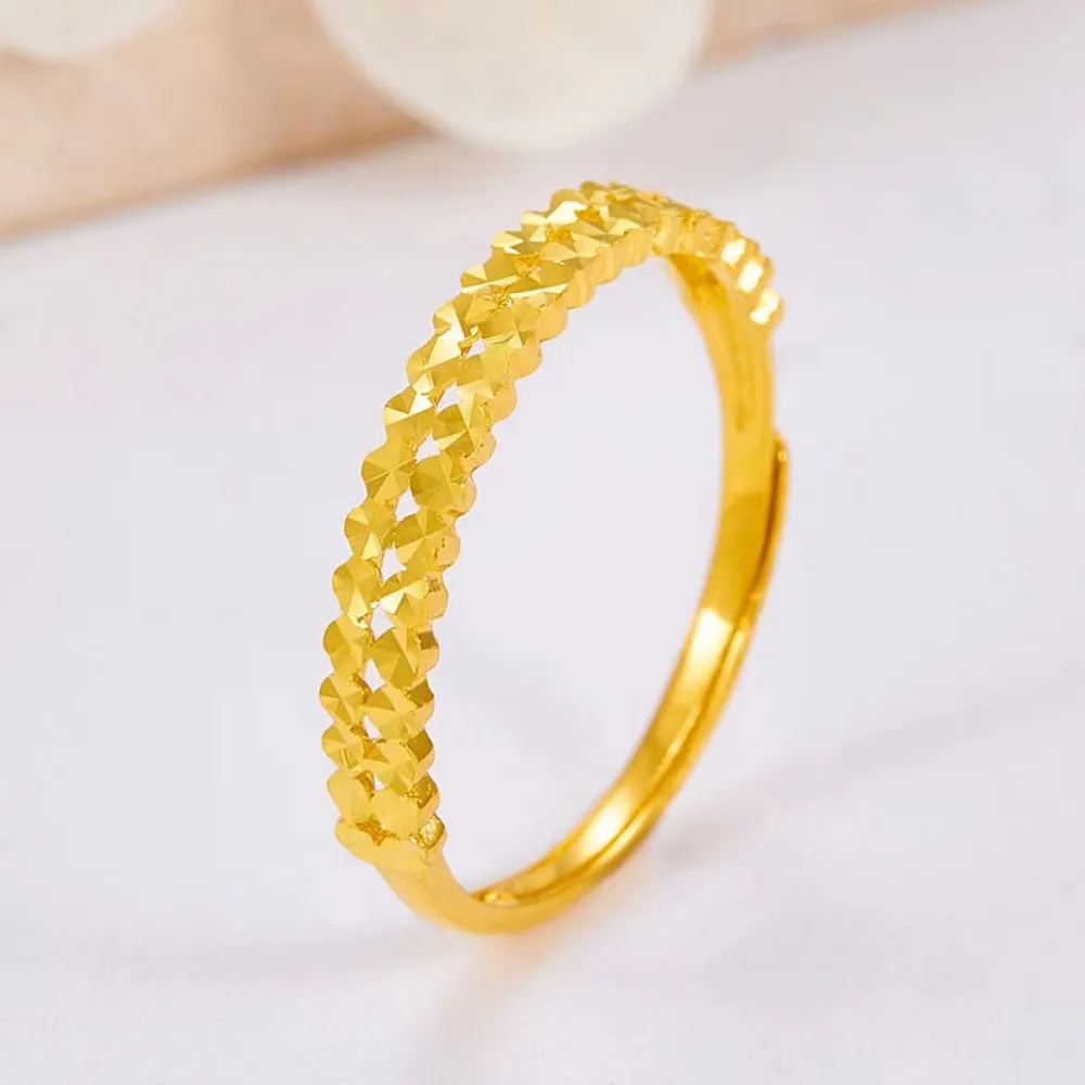 

Real Pure 999 24K Yellow Gold Band Women Lucky Double Row Carved Round Ring 1.76g