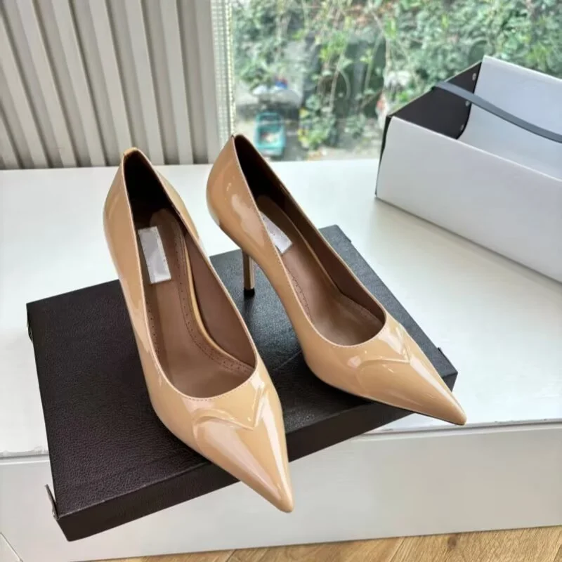 Designer Brand Original Spring and Autumn New Style Lacquer Leather Bare Color Pointed High Heels Fine Follow Shoes for Women