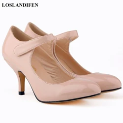 Hot New 14 Colors Hooks&Loop Casual Women Shoes Round Toe Patent Leather Concise High Heels Pumps Ladies Shallow Work Bride Shoe