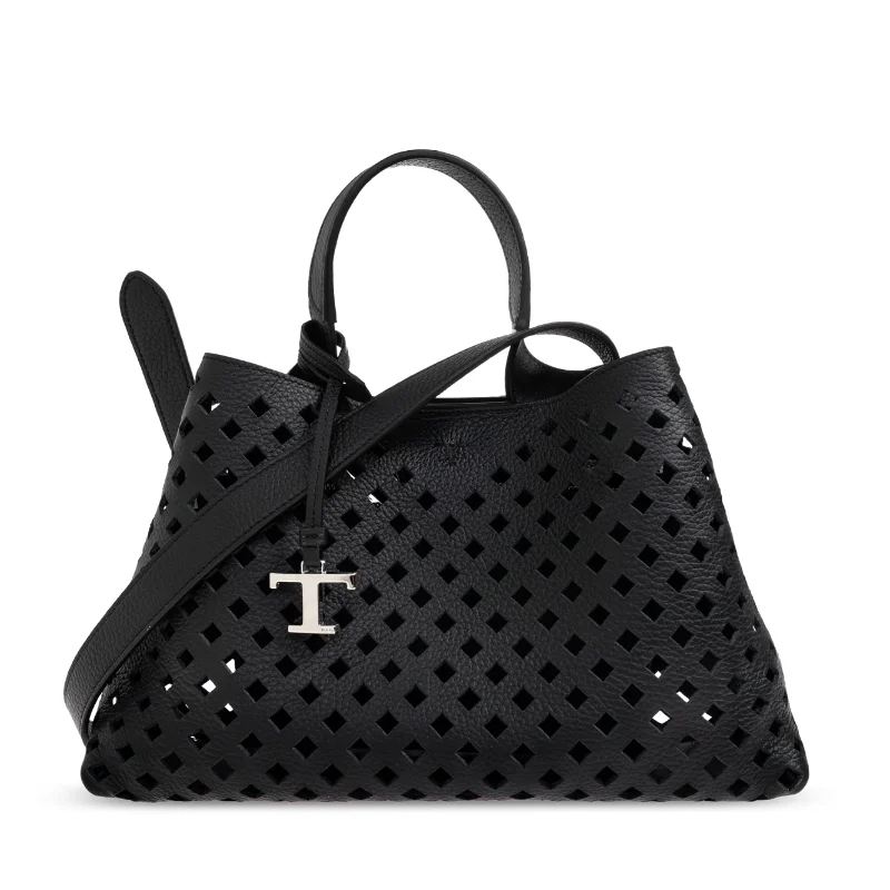 Luxe Cut-Out Leather Tote Bag Women Lasercut Design Two Internal Zippered Flat Pockets Minimalism Crossbody Bag with Metal Charm
