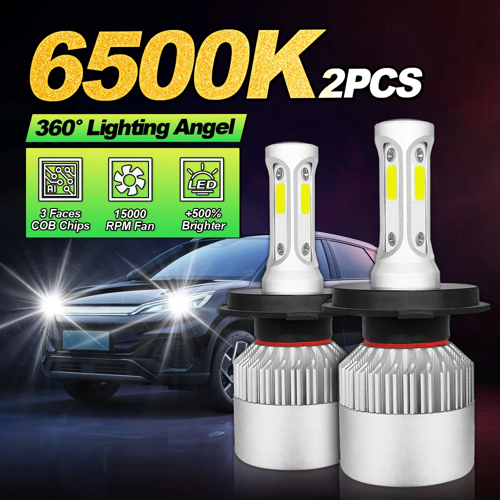 H4 9005/HB3 9006/HB4 880 H1 LED Headlight Bulbs 3 Faces COB Chips LED 6500K White 40000LM 360°Lighting Range No Spots With Fan