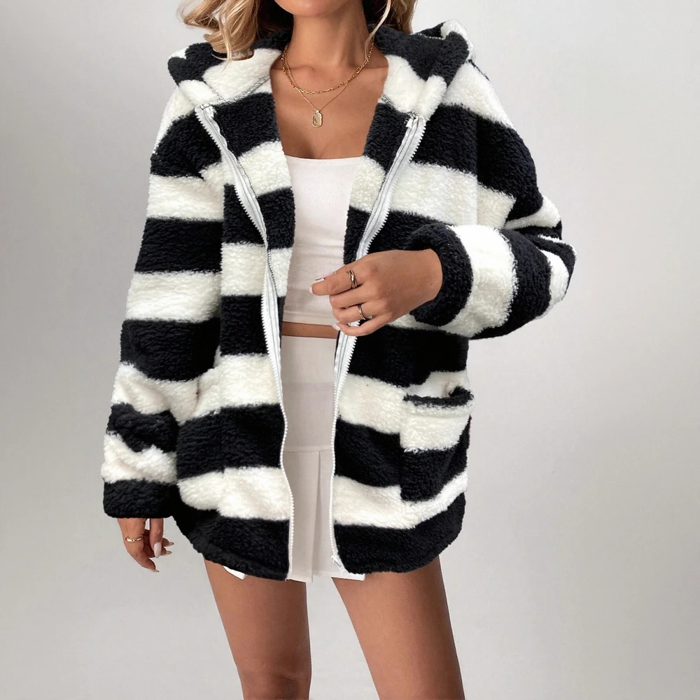 

Повседневное полосатое открытое пальто-кардиган с длинными рукавами и карманами на молнии с капюшоном на осень-зиму, женская мода в европейском и американском стиле