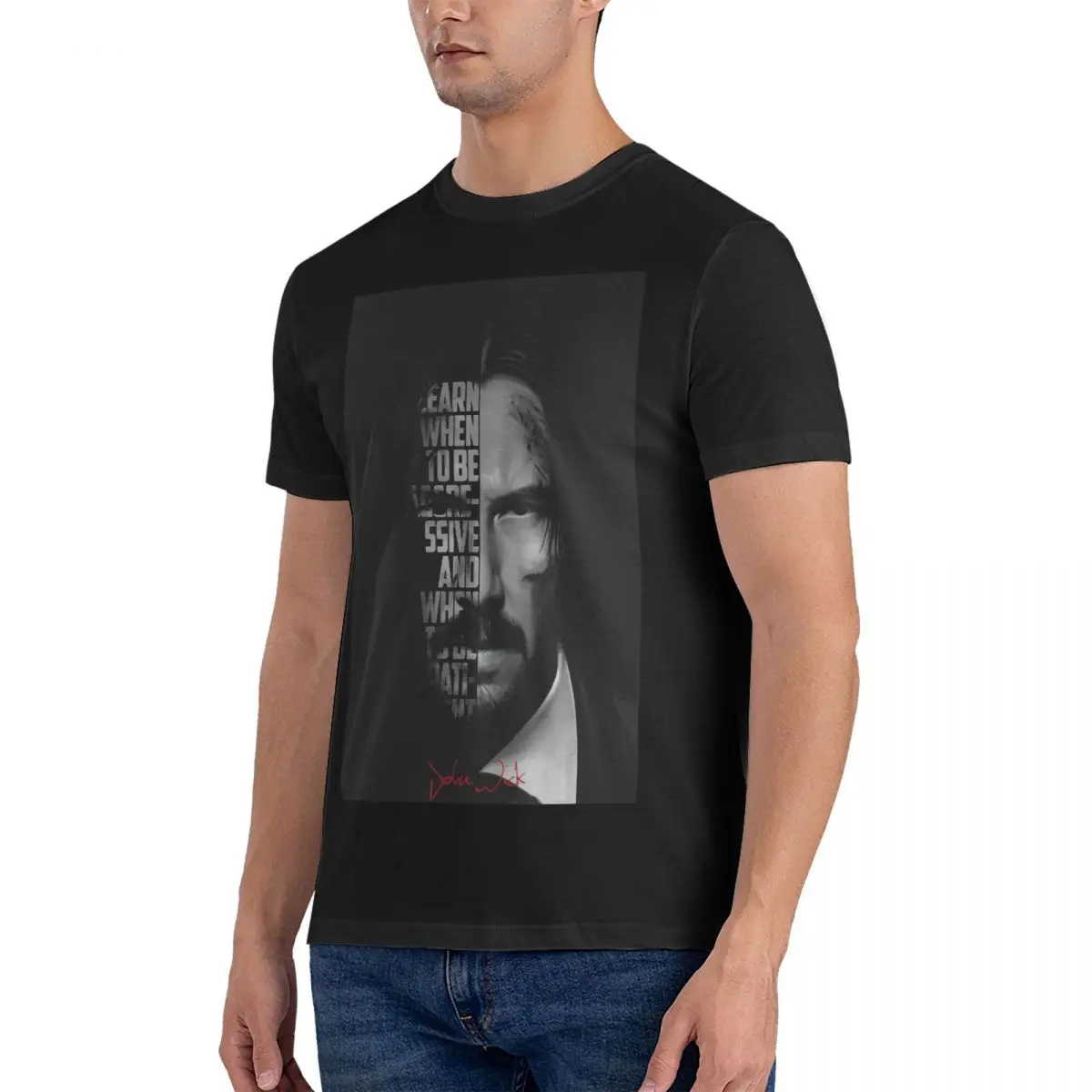 Men Black And White T Shirt J-John Wick 100% Cotton Tops Creative Short Sleeve Round Neck Tees Summer T-Shirt