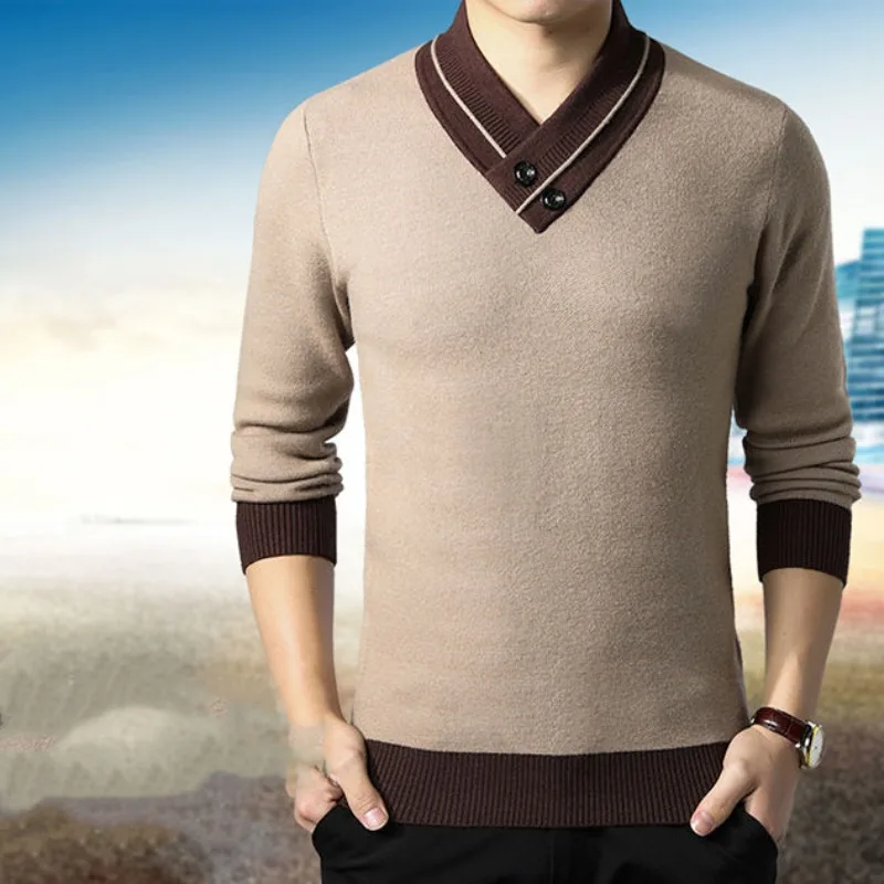 Autumn Winter New Shirt for Men Sweater Long Sleeve Plush V-Neck Fashion Casual Button Splice Pullover Knitted Patchwork Tops